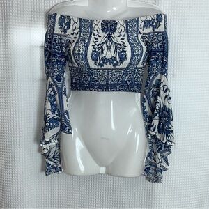 Three Days Blue and White Floral Off-Shoulder Crop Top size small